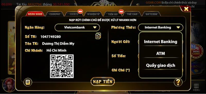 Những phương thức nạp tiền Go88 mà hệ thống cung cấp cho người chơi